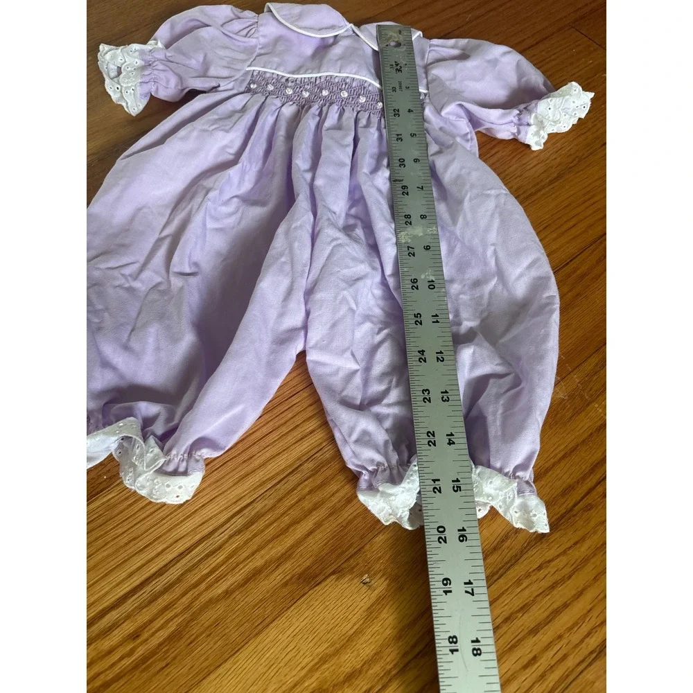 Vintage Lavender Smocked Bubble‎ Romper Peter Pan Collar Eyelet Lace Trim Purple